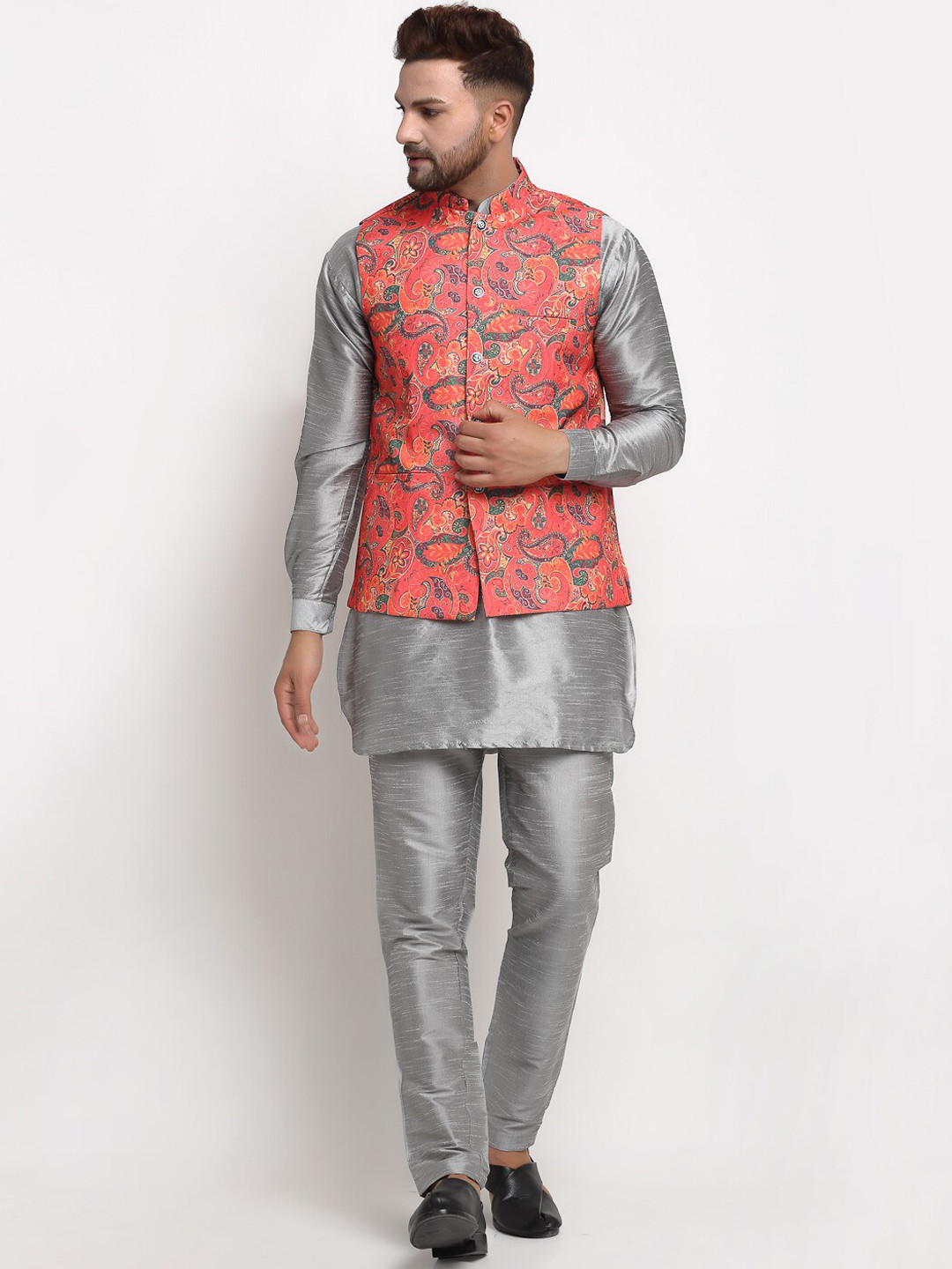 

Benstoke Men Grey Printed Kurta Pyjamas with Printed Nehru Jacket
