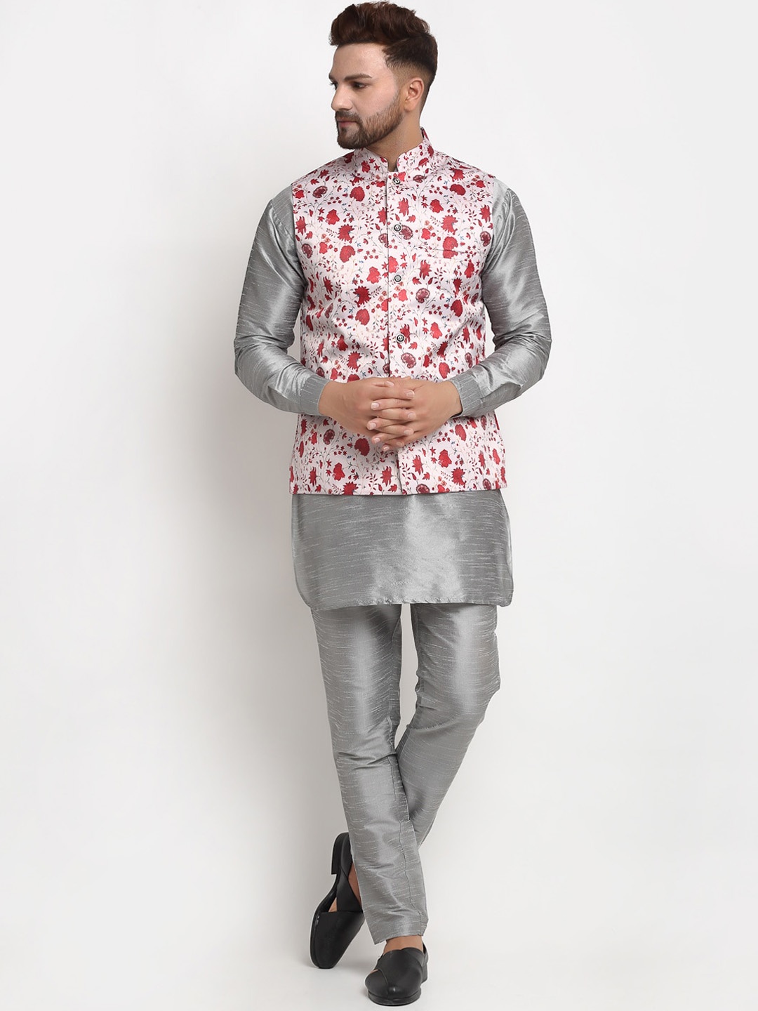 

Benstoke Men Grey Floral Kurta with Pajama With Printed Nehru Jacket