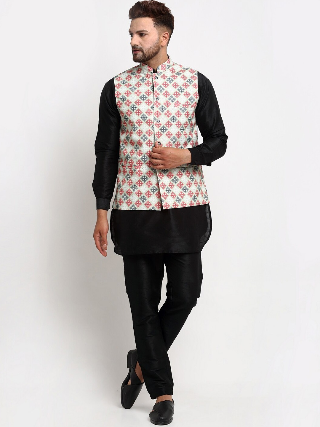 

Benstoke Men Black Paisley Layered Kurti with Pyjama With Printed Nehru Jacket