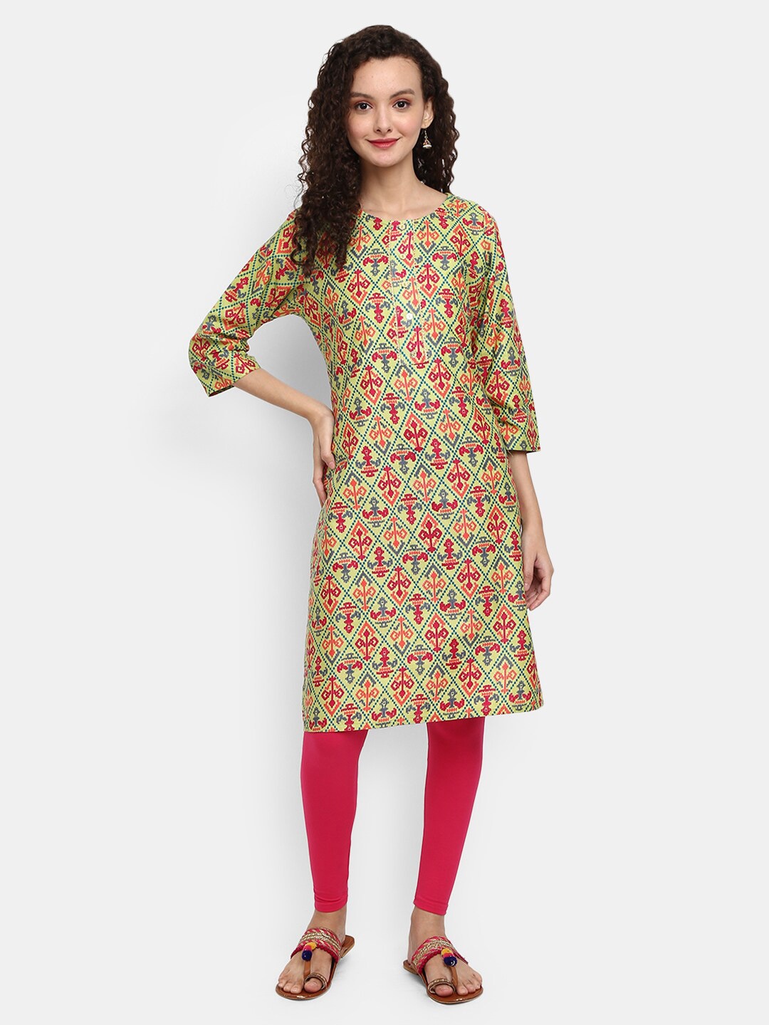 

V-Mart Women Green & Blue Ethnic Motifs Printed Round Neck Straight Kurta