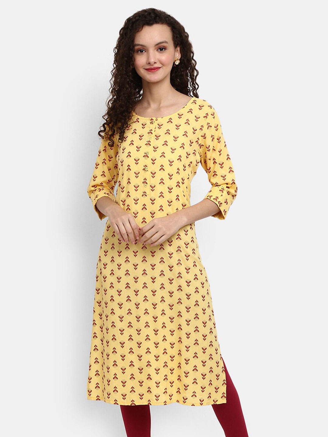 

V-Mart Women Yellow & Red Ethnic Motifs Printed Round Neck Straight Kurta