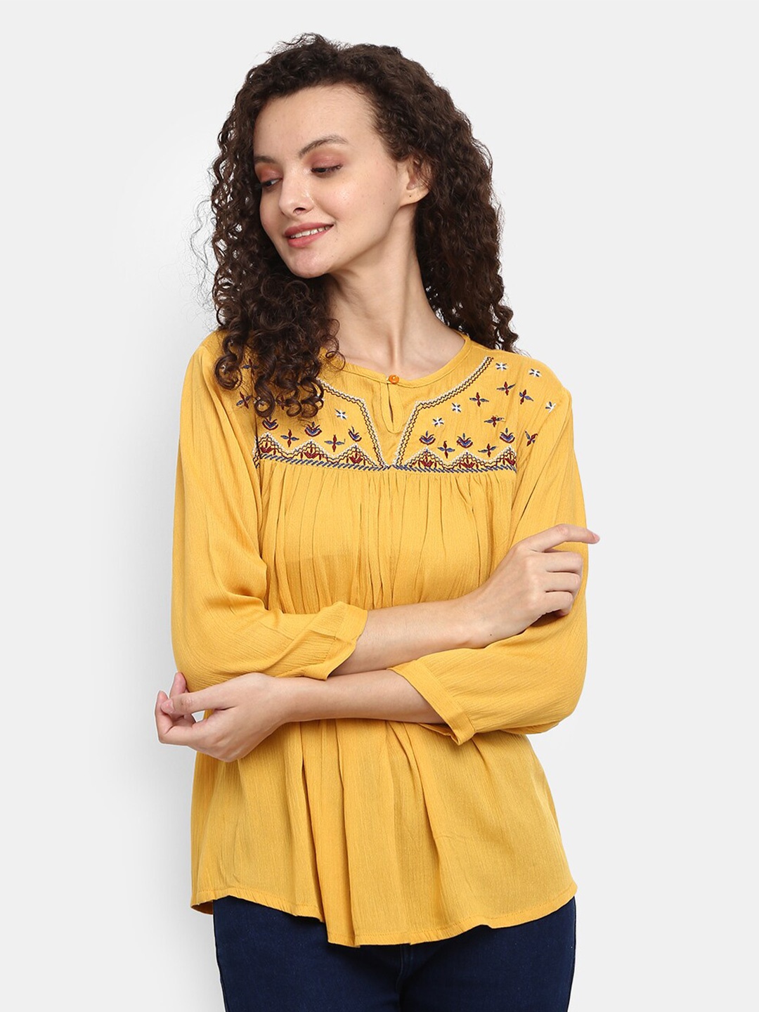 

V-Mart Women Mustard Yellow Yoke Design A-Line Kurti