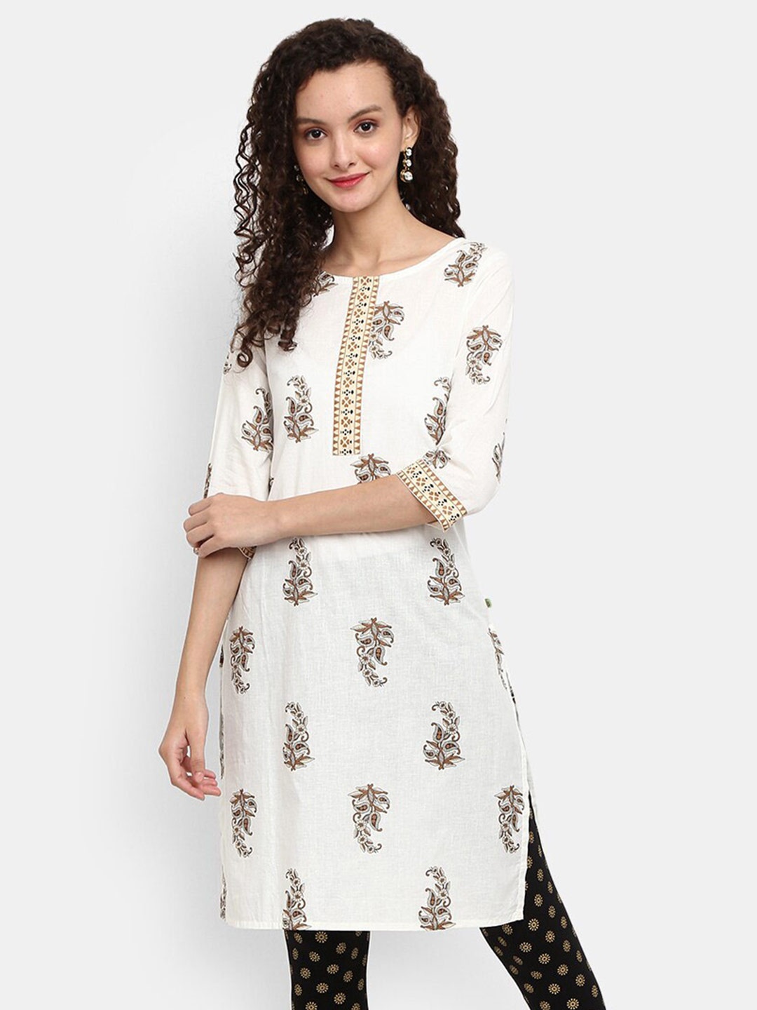 

V-Mart Women White & Brown Ethnic Motifs Printed Pure Cotton Kurti