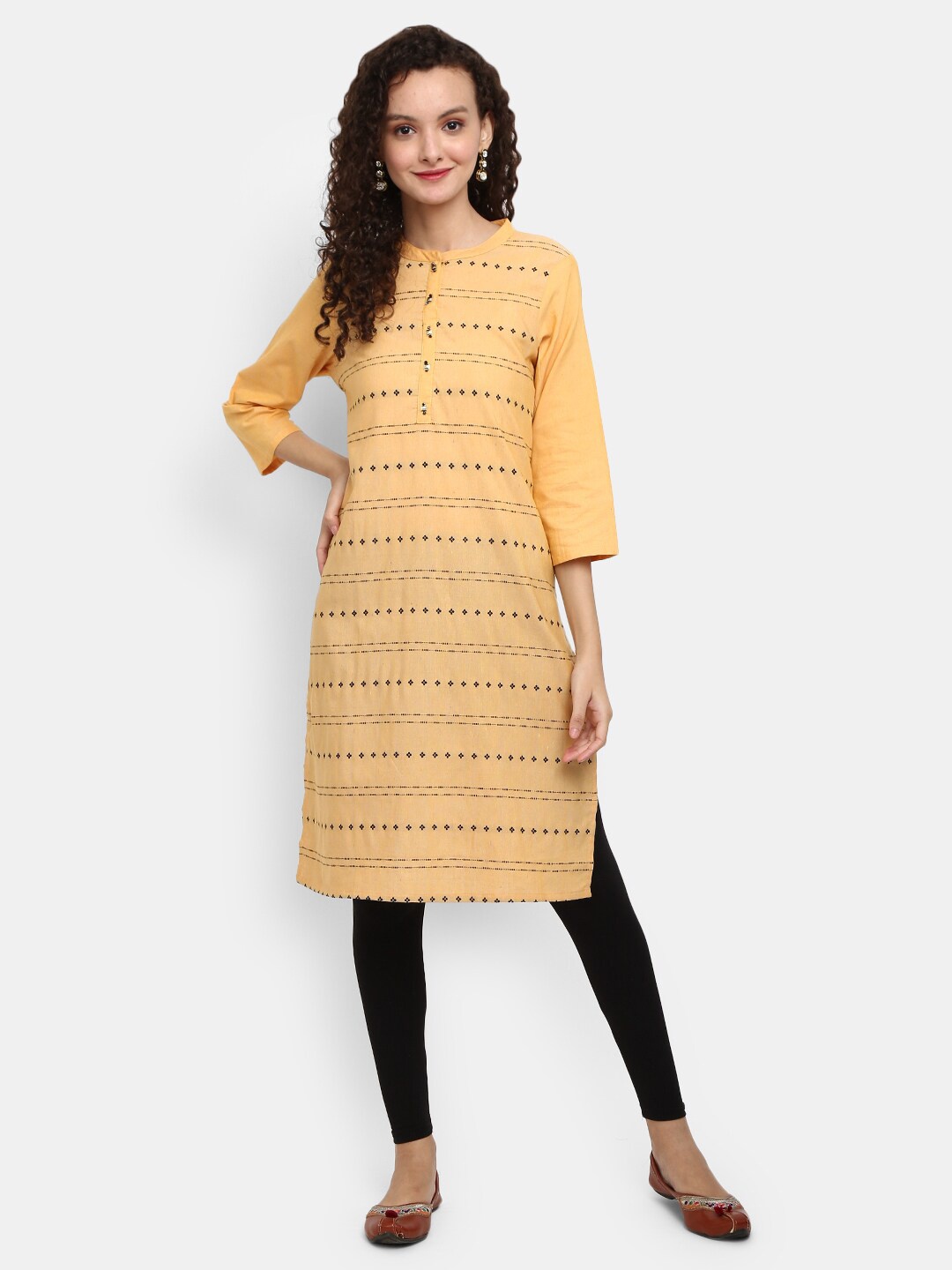 

V-Mart Women Yellow Woven Design Cotton Mandarin Collar Kurta