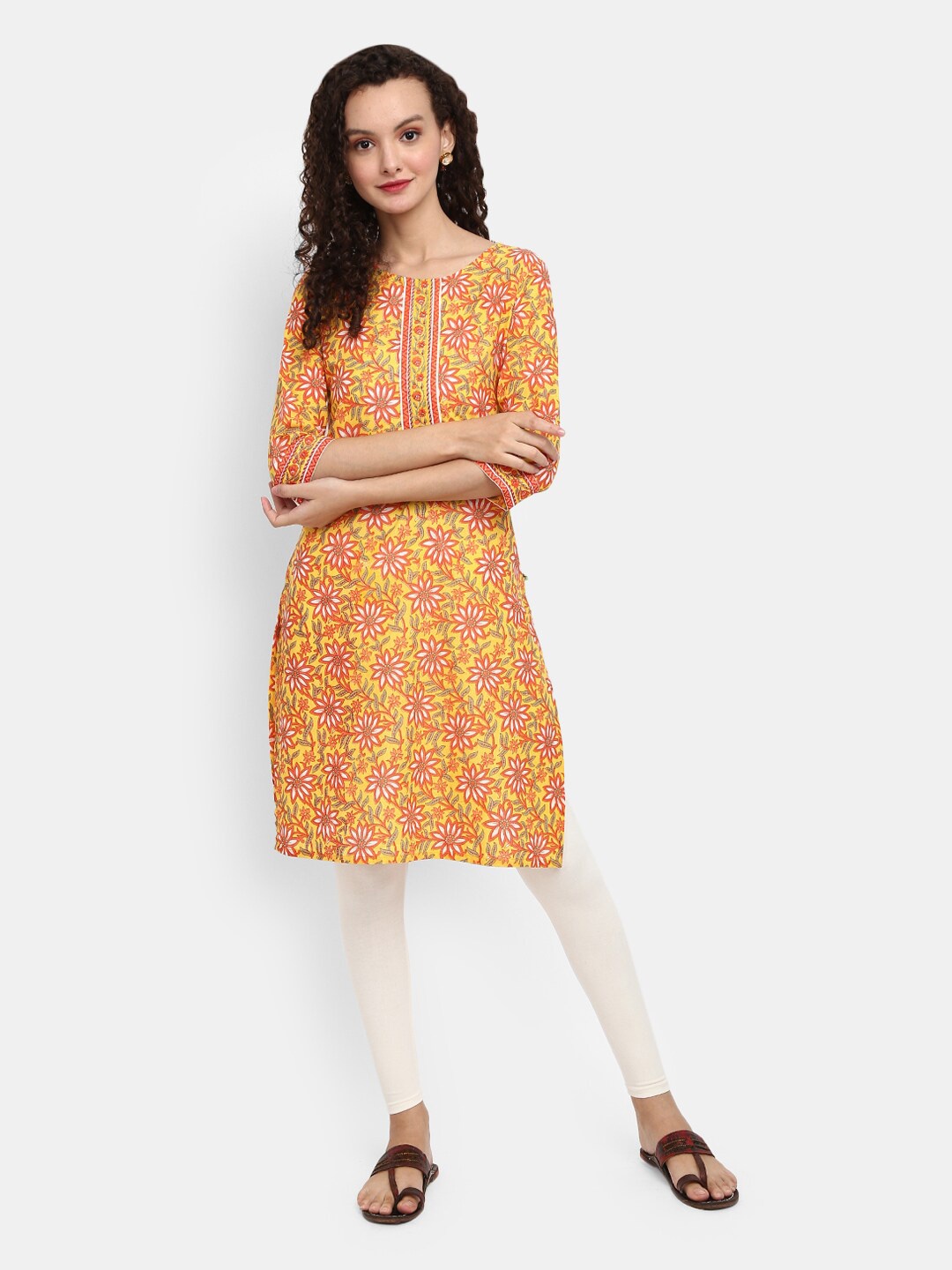 

V-Mart Women Yellow & White Floral Printed Cotton Round Neck Kurta