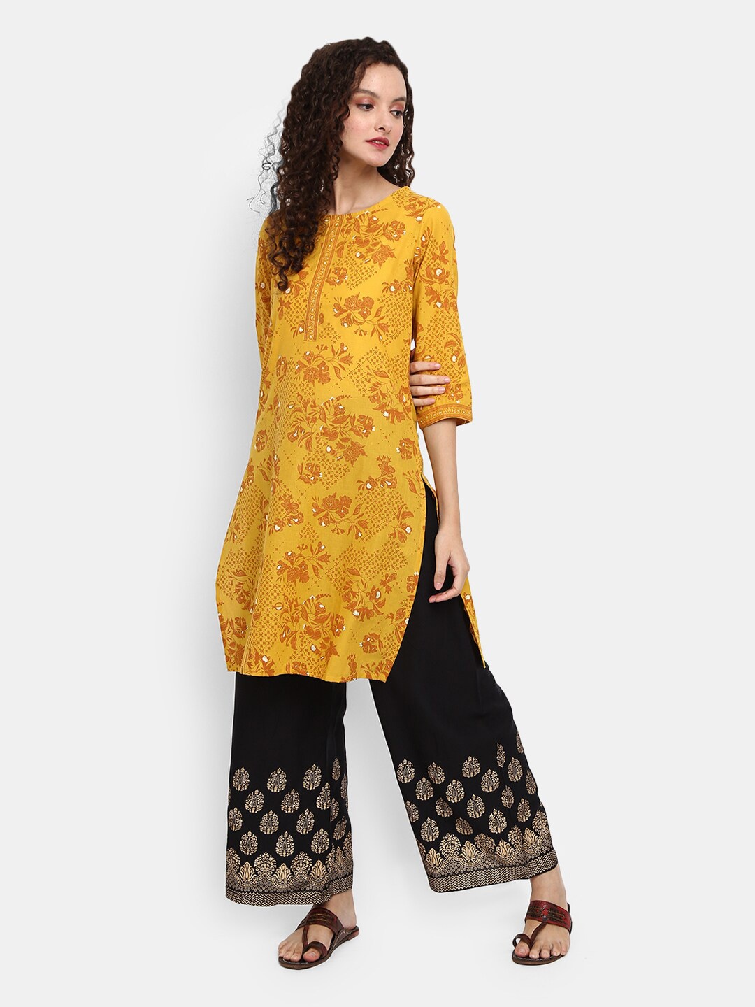 

V-Mart Women Mustard Yellow Ethnic Motifs Printed Cotton Round Neck Kurta