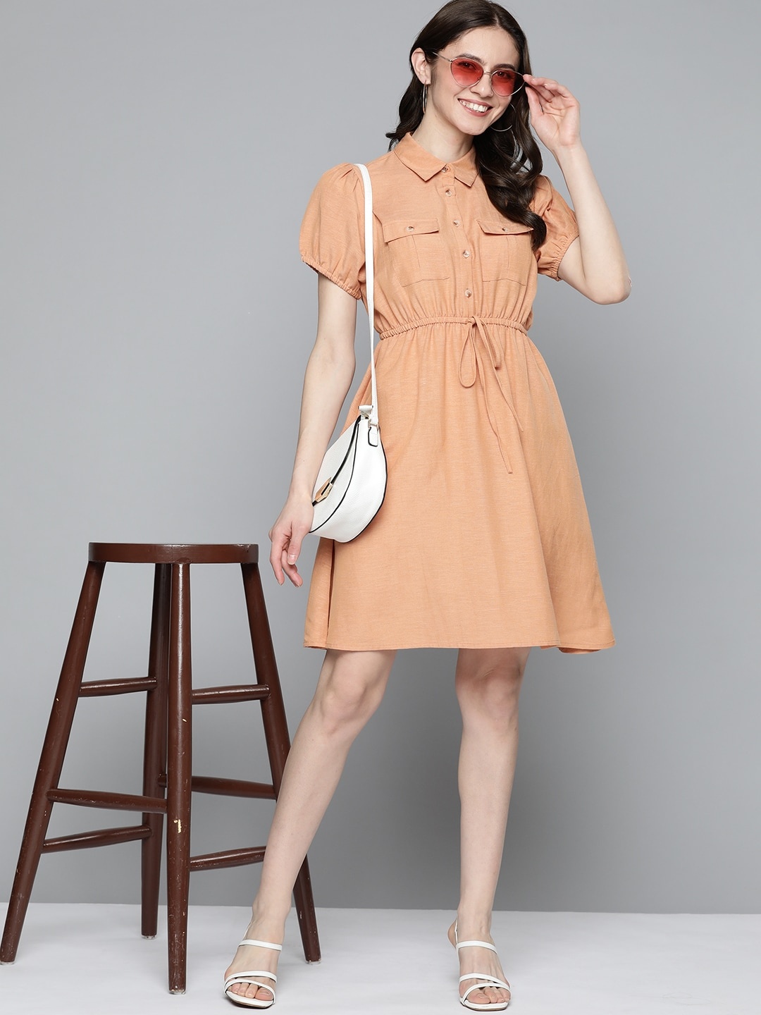 

Mast & Harbour Women Peach-Coloured Solid Shirt Dress