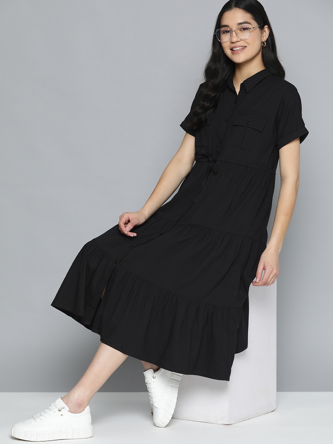 

Mast & Harbour Solid Tiered Shirt Midi Dress, Black