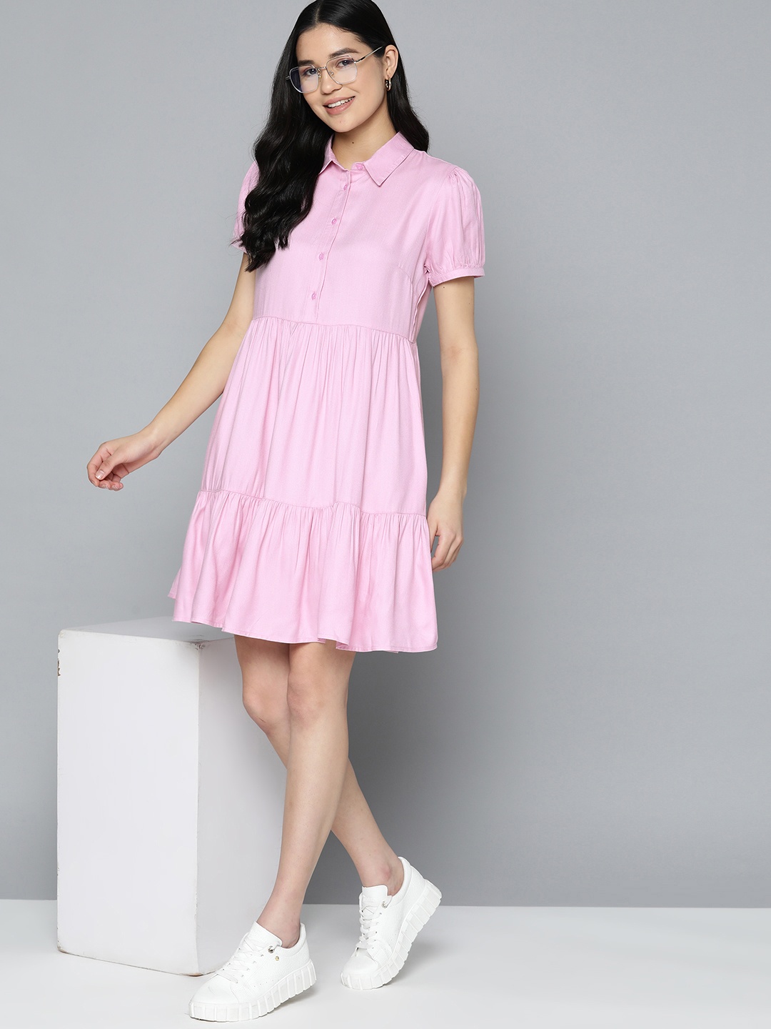 

Mast & Harbour Solid Tiered Shirt Dress, Pink