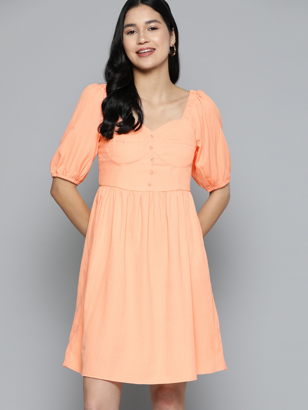 

Mast & Harbour Smocked Detail Above Knee Length Fit & Flare Dress, Peach