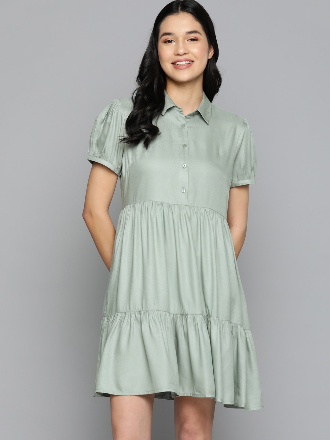 

Mast & Harbour Solid Tiered Shirt Style Dress, Green