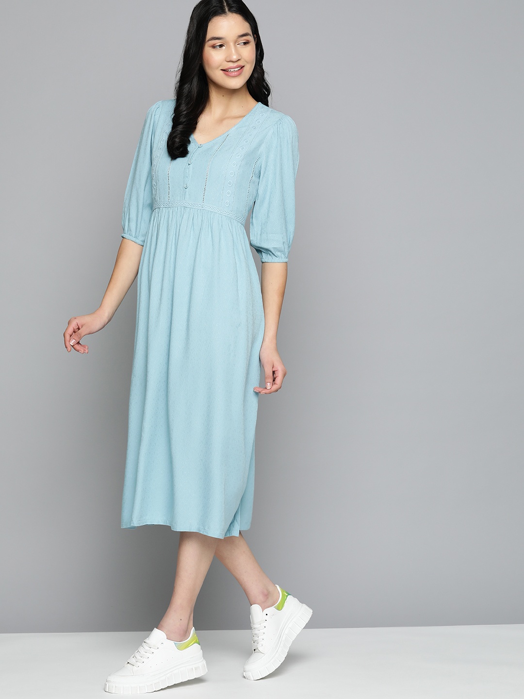 

Mast & Harbour Self Design Lace Inserts Midi A-Line Dress, Blue