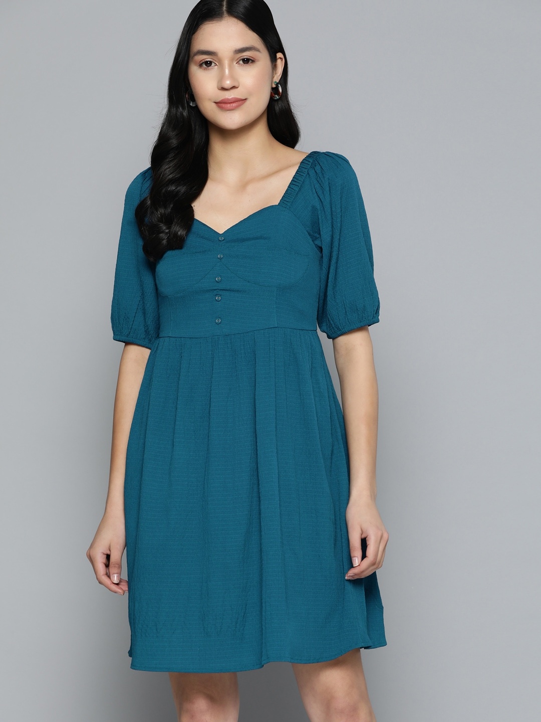 Mast & Harbour Smocked Detail Above Knee Length Fit & Flare Dress, Blue