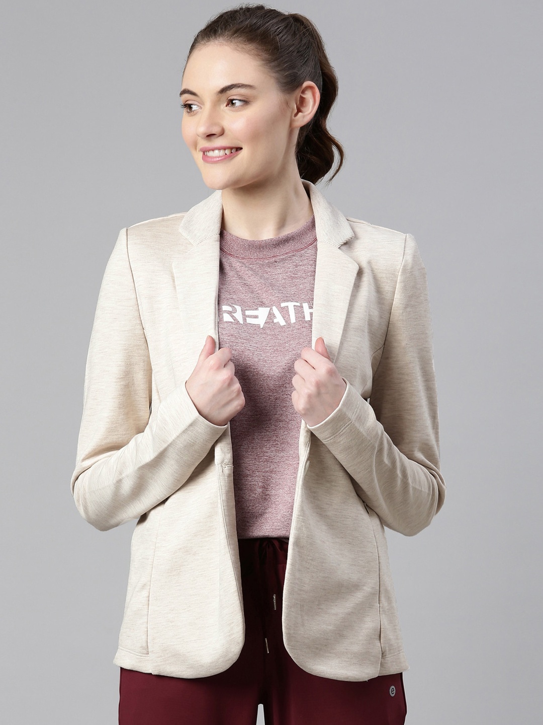 

Enamor Women Dry Fit Stretch Cotton Single-Breasted Sporty Blazer, Beige