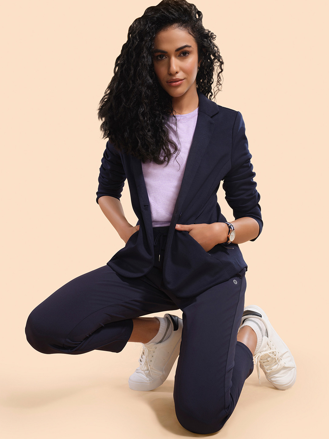 

Enamor Women Dry Fit Stretch Cotton Single-Breasted Blazer, Navy blue
