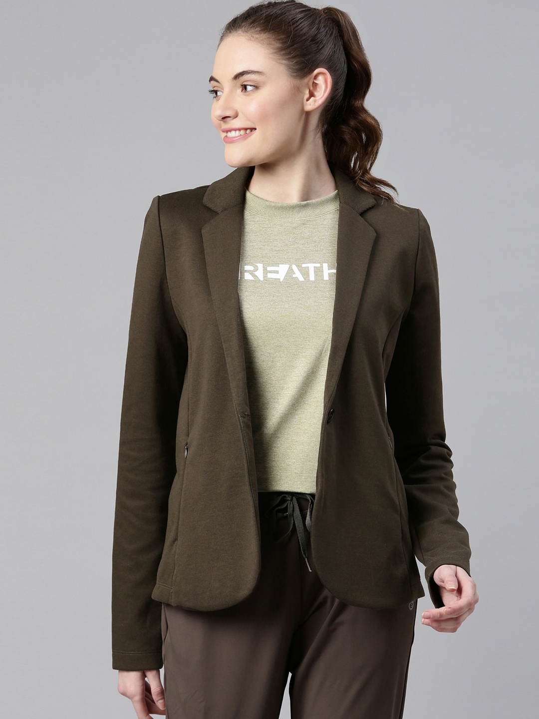 

Enamor Women Solid Dry Fit Stretch Cotton Single-Breasted Sporty Blazer A903, Olive