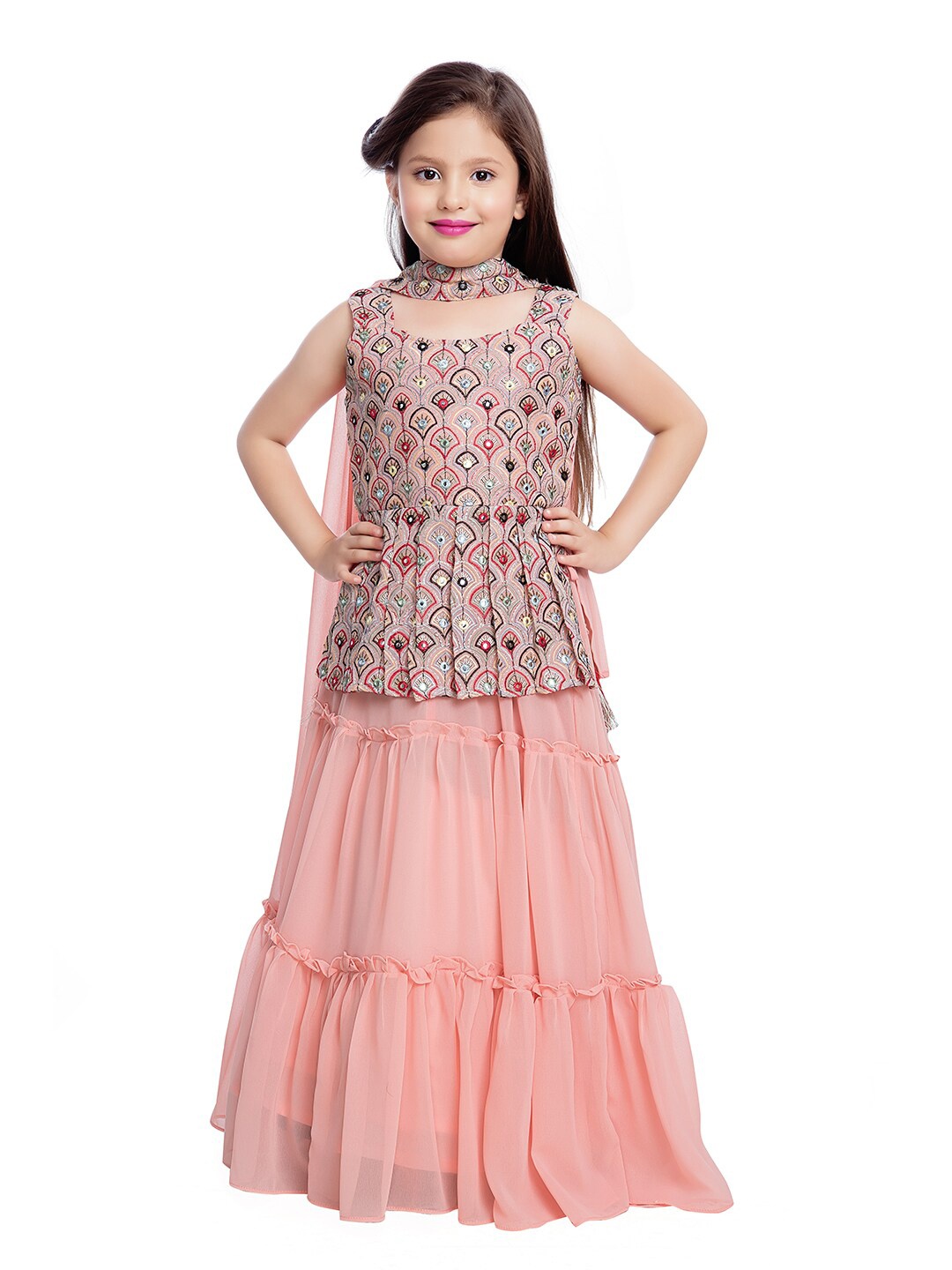 

Tiny Kingdom Girls Peach & Red Embroidered Mirror Work Lehenga & Blouse With Dupatta