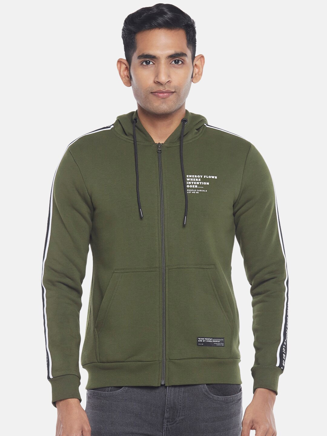 

People Men Olive Green Hooded Sweatshirt