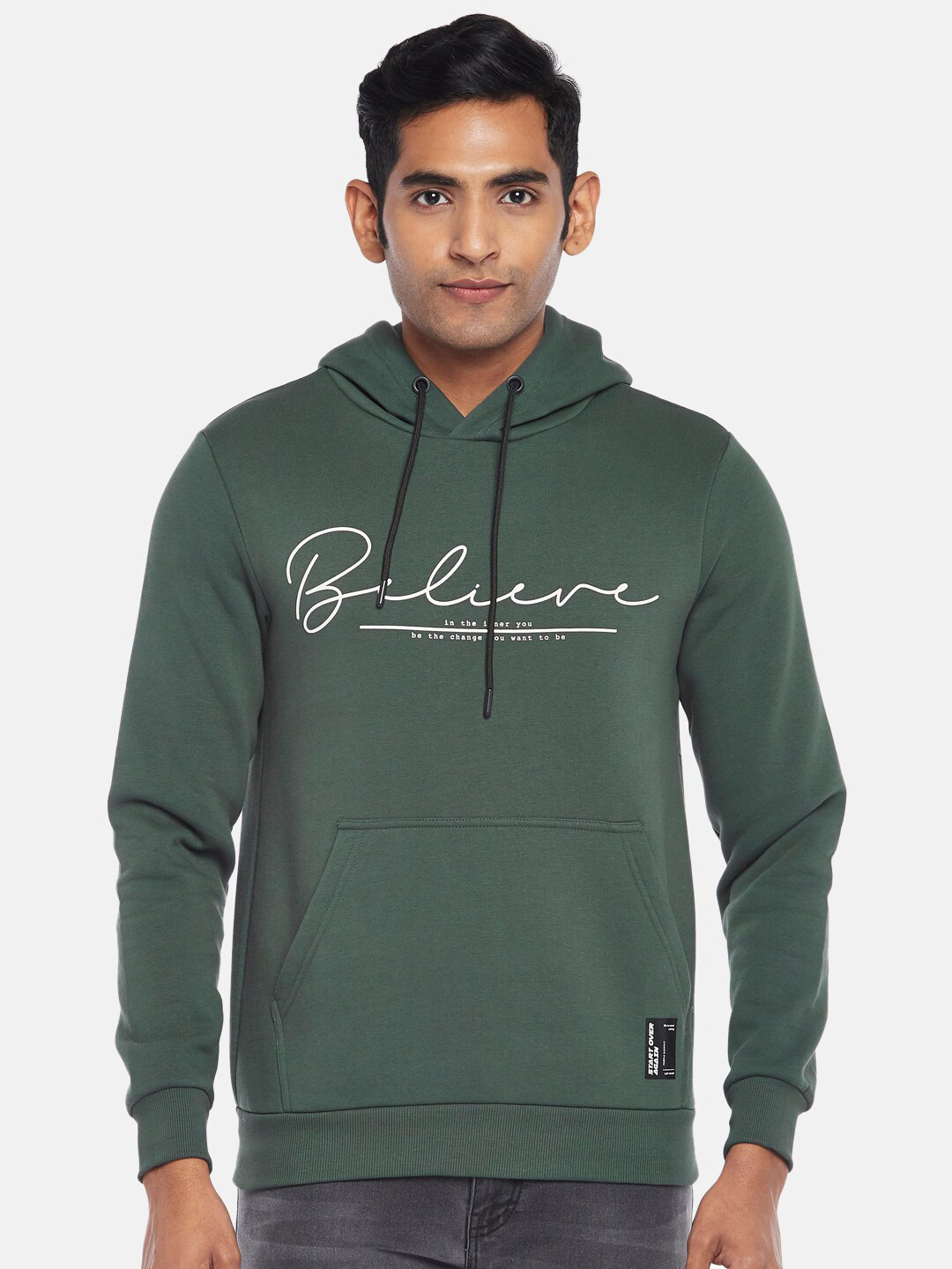 

People Men Green Printed Hooded Sweatshirt