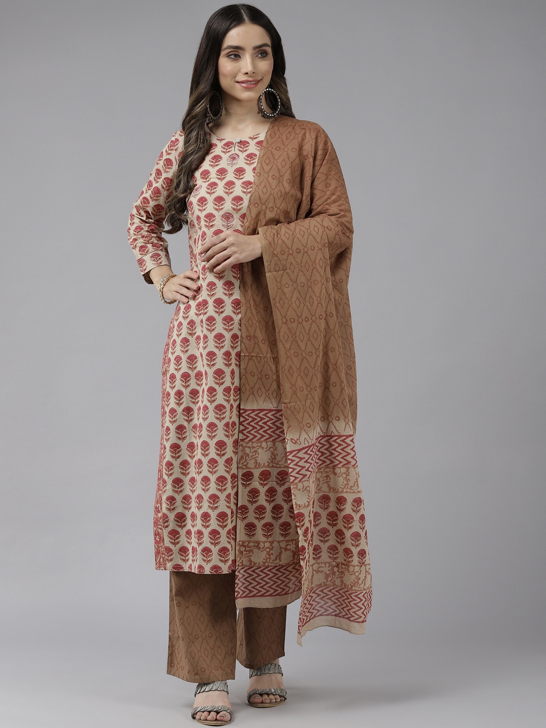 

Prakrti Women Camel Brown Ethnic Motifs Printed Pure Cotton Kurta with Trousers & Dupatta