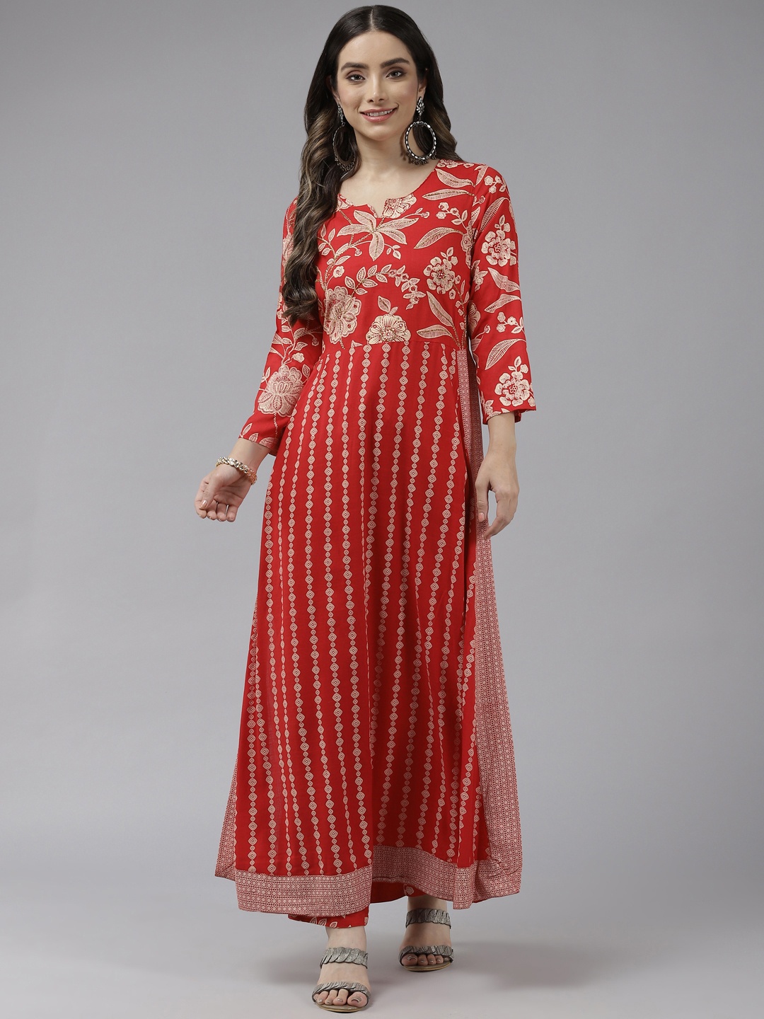 

Prakrti Women Red Ethnic Motifs Printed Beads and Stones Kurta with Trousers