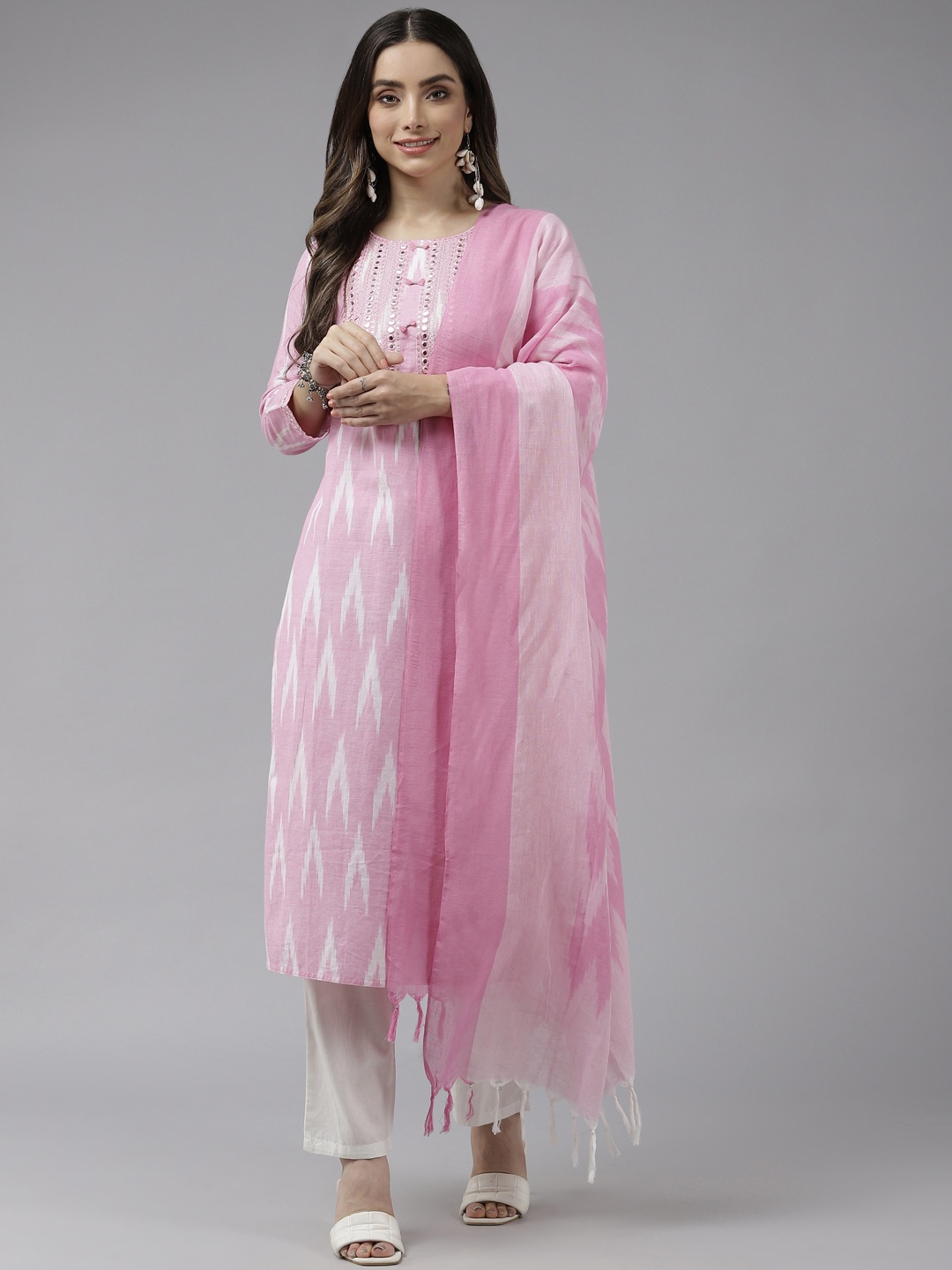 

Prakrti Women Pink Ethnic Motifs Printed Mirror Work Cotton Kurta with Trousers & Dupatta