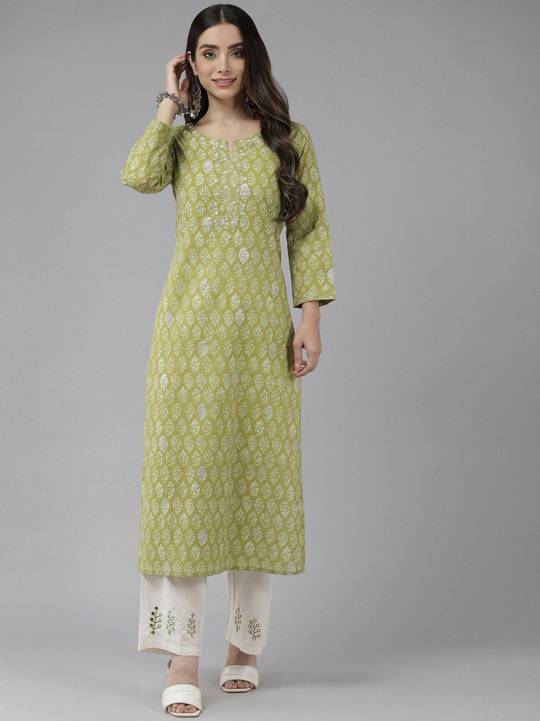 

Prakrti Women Green Ethnic Motifs Printed Beads Pure Cotton Kurta with Trousers