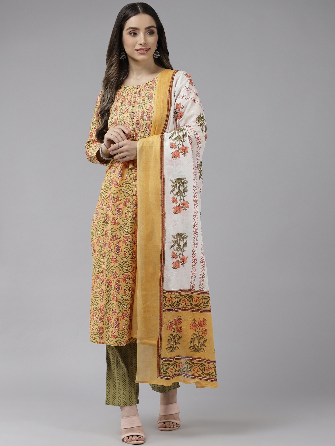 

Prakrti Women Yellow Ethnic Motifs Printed Pure Cotton Kurta with Trousers & Dupatta