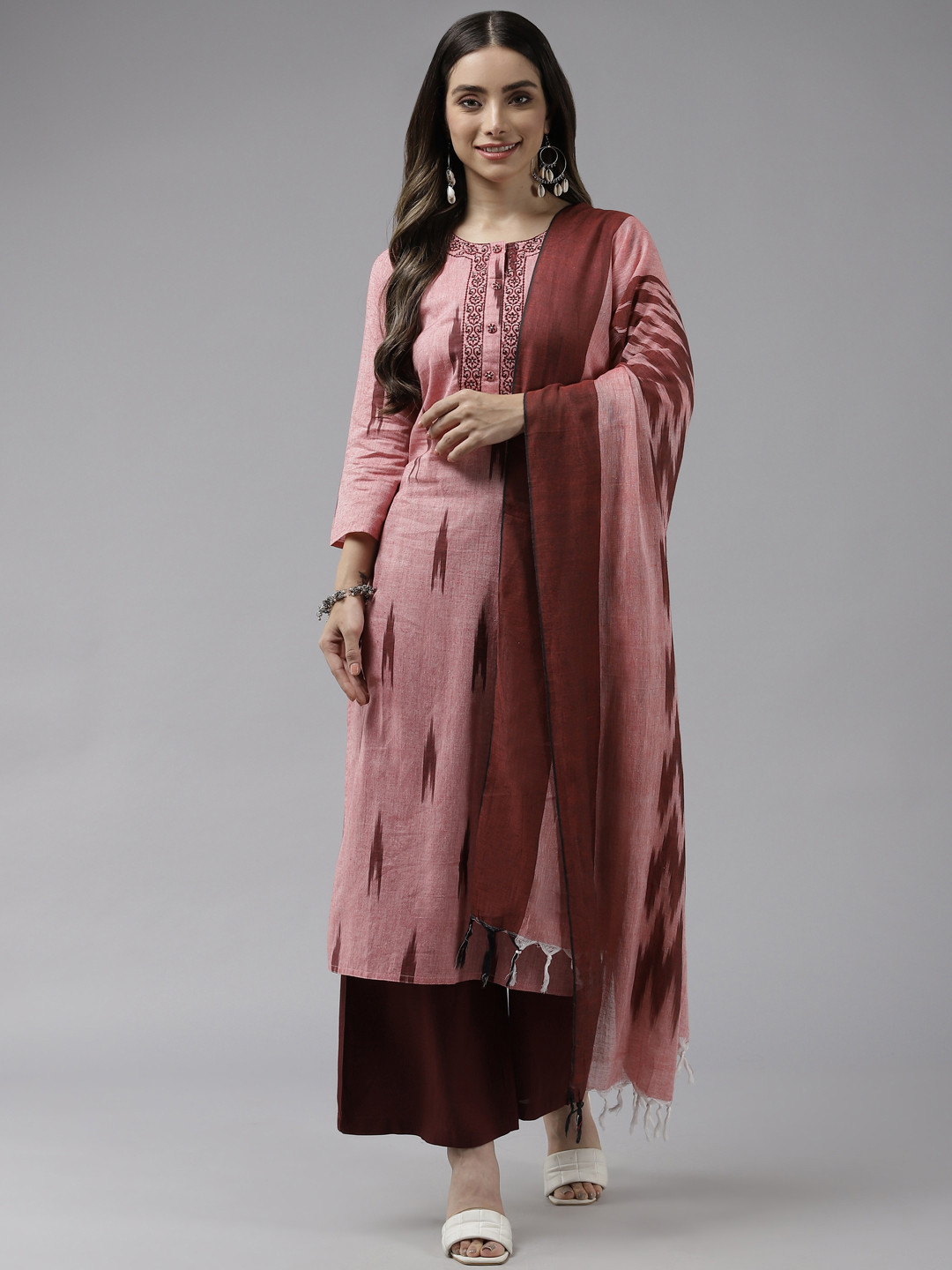 

Prakrti Women Pink Ikat Printed Pure Cotton Kurta with Trousers & Dupatta