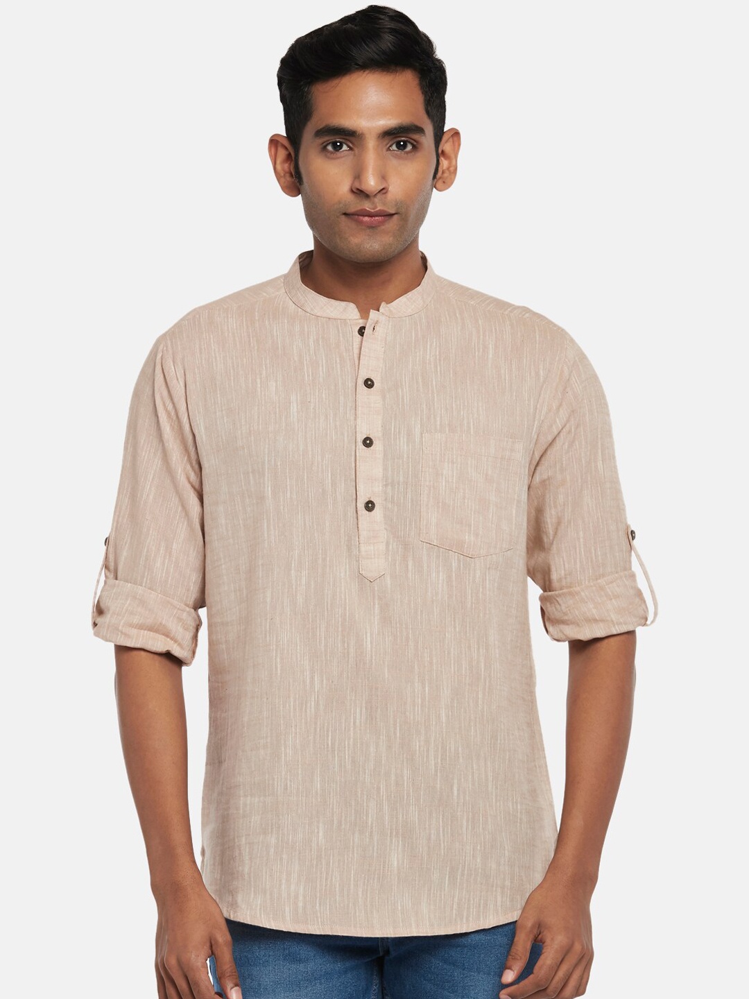 

indus route by Pantaloons Men Beige Striped Thread Work Kurta