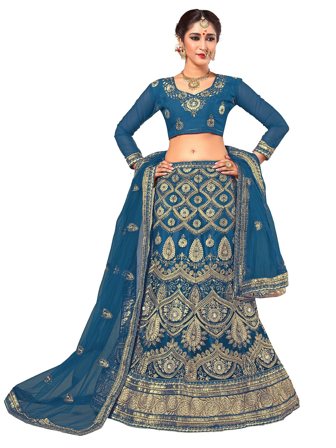

Sarvayog Fashion Blue & Gold-Toned Embroidered Semi-Stitched Lehenga & Unstitched Blouse With Dupatta
