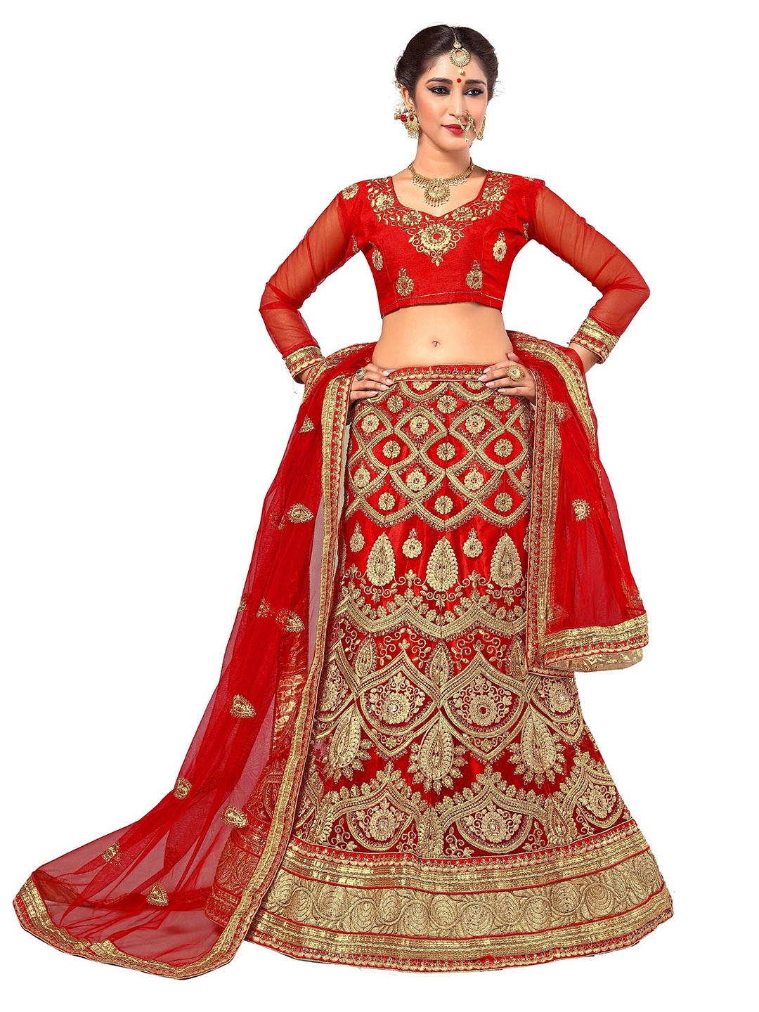

Sarvayog Fashion Red & Gold-Toned Embroidered Semi-Stitched Lehenga & Unstitched Blouse With Dupatta