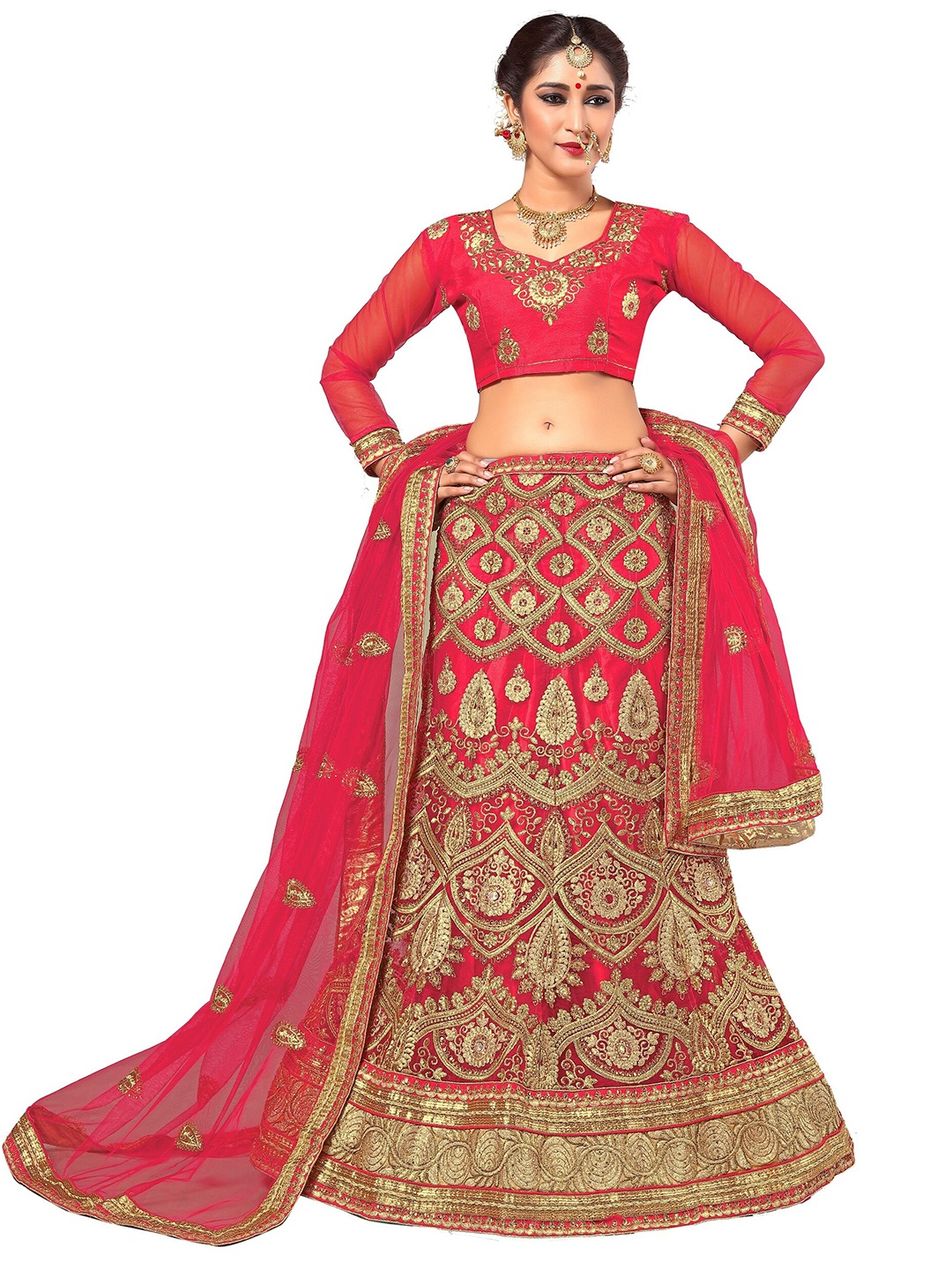 

Sarvayog Fashion Pink & Gold-Toned Embroidered Semi-Stitched Lehenga & Unstitched Blouse With Dupatta