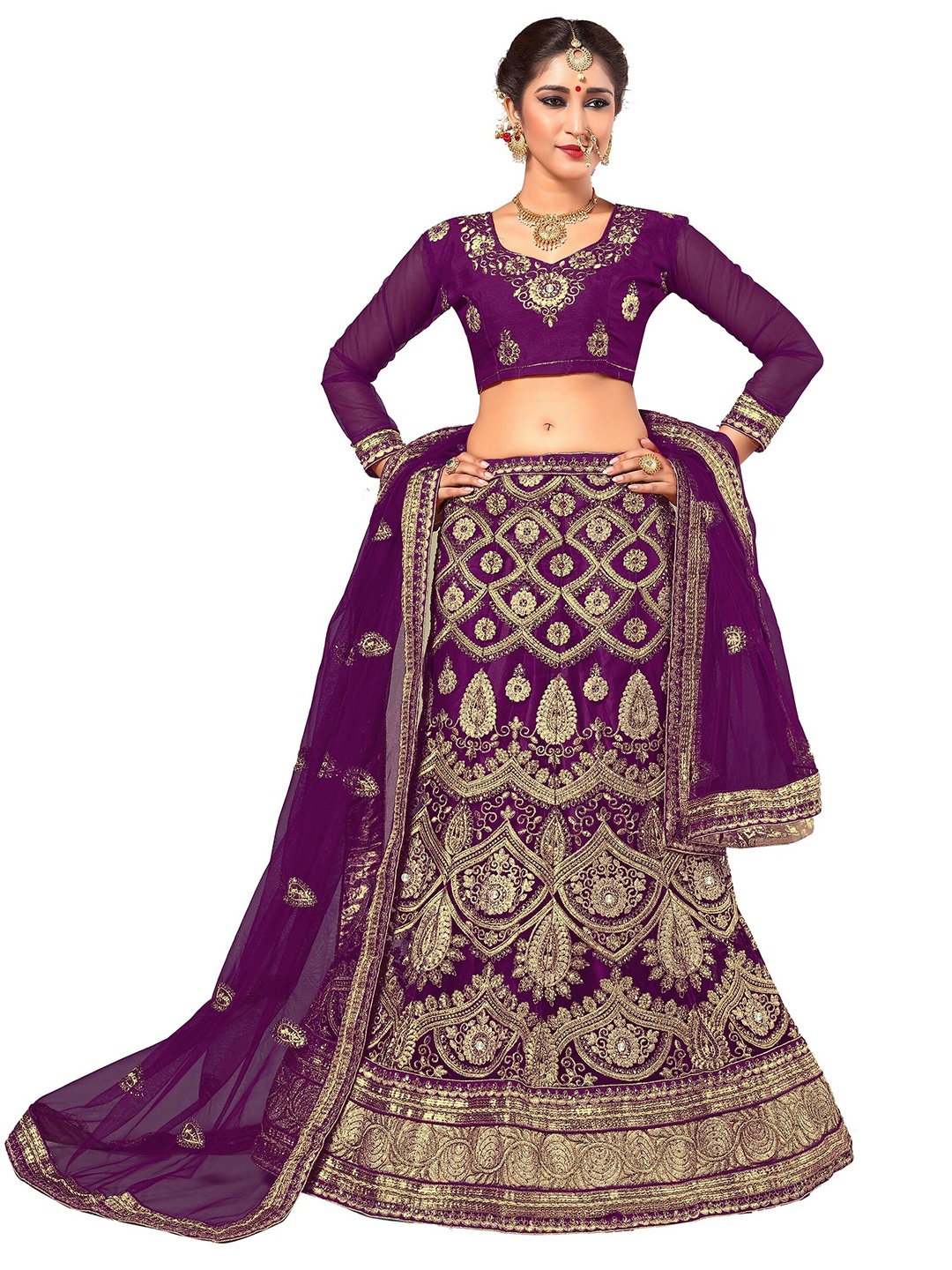 

Sarvayog Fashion Purple & Gold-Toned Embroidered Semi-Stitched Lehenga & Unstitched Blouse With Dupatta