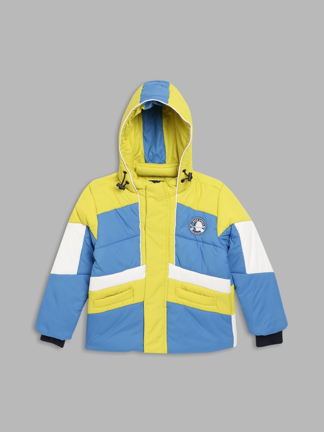 

Blue Giraffe Boys Yellow and Blue Colourblocked Bomber with Patchwork Jacket