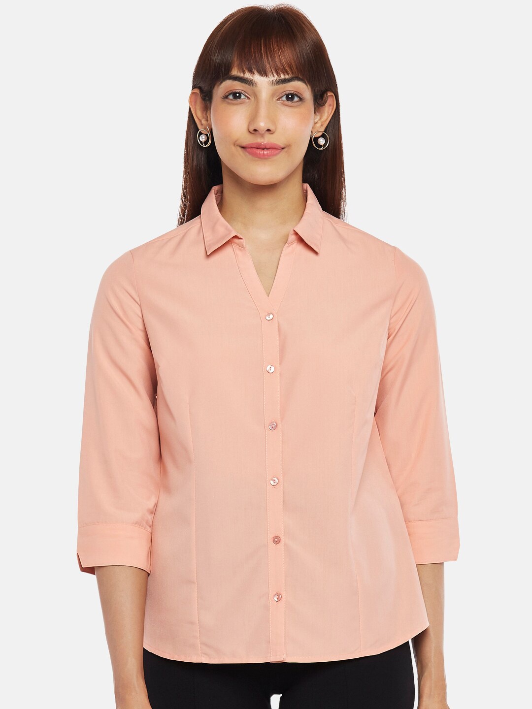

Annabelle by Pantaloons Women Peach-Coloured Solid Formal Shirt