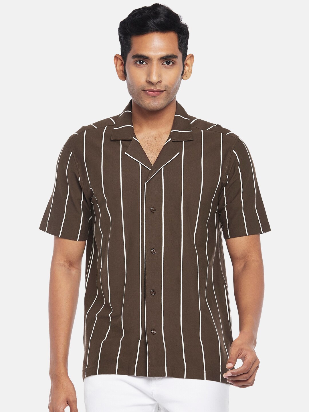 

People Men Brown Slim Fit Striped Casual Shirt