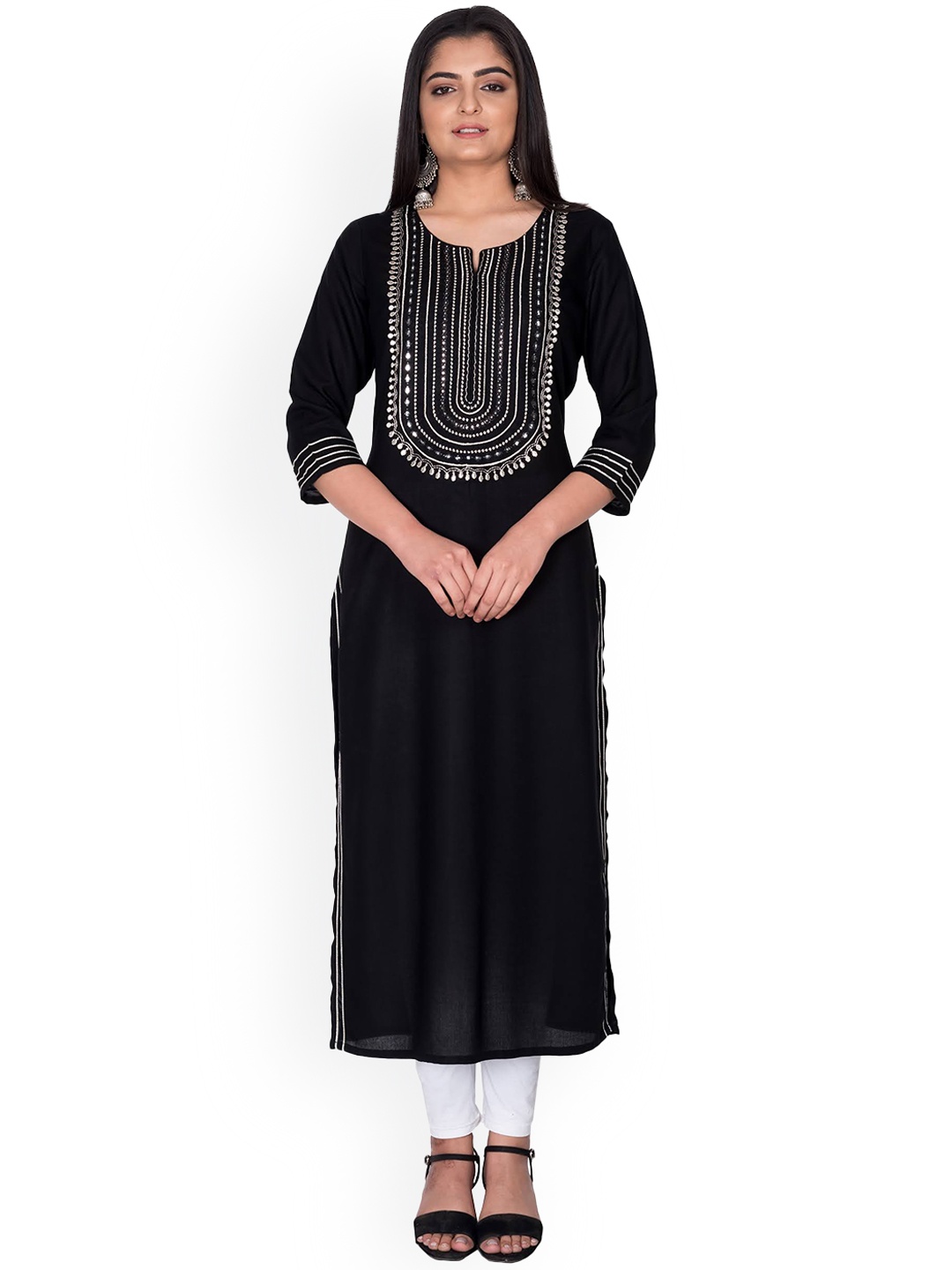 

Swasti Women Black & Silver Yoke Design Mirror Work Straight Kurta