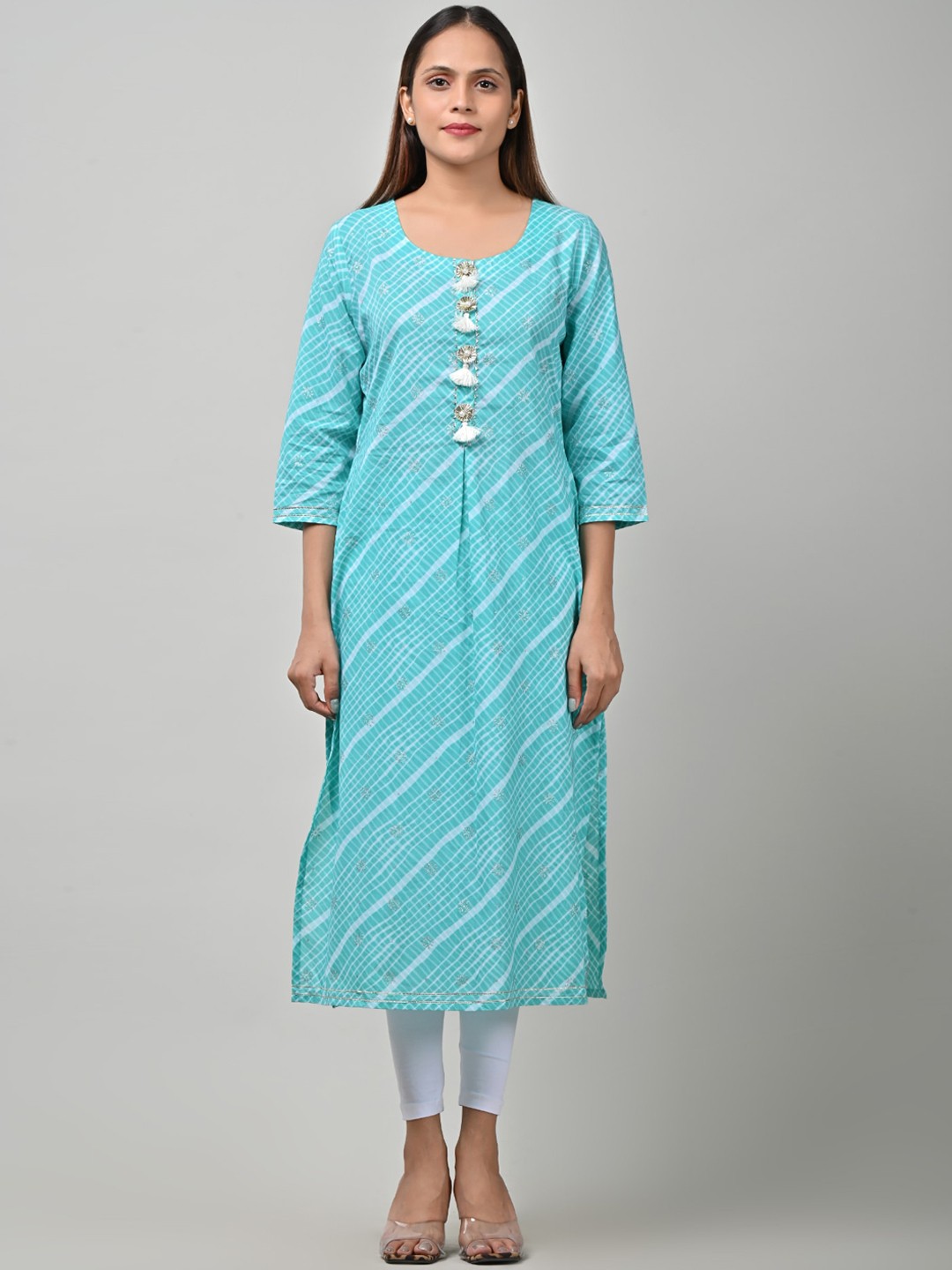 

Swasti Women Turquoise Blue & Gold-Toned Leheriya Striped Kurta