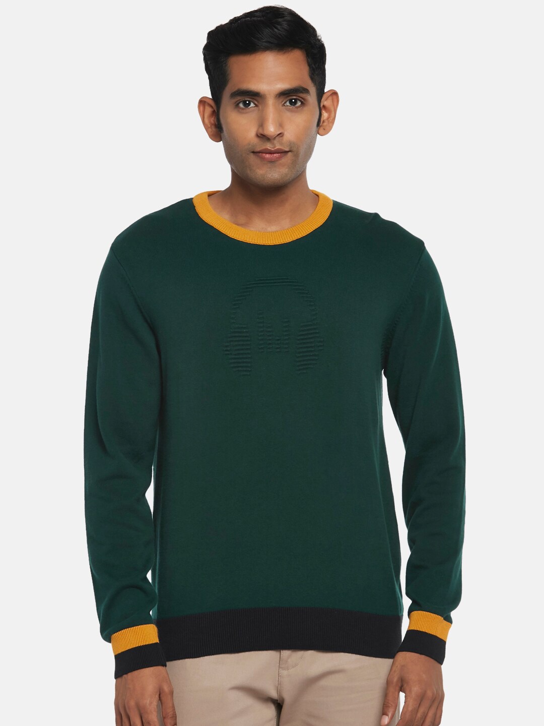 

BYFORD by Pantaloons Men Green & Yellow Cotton Pullover