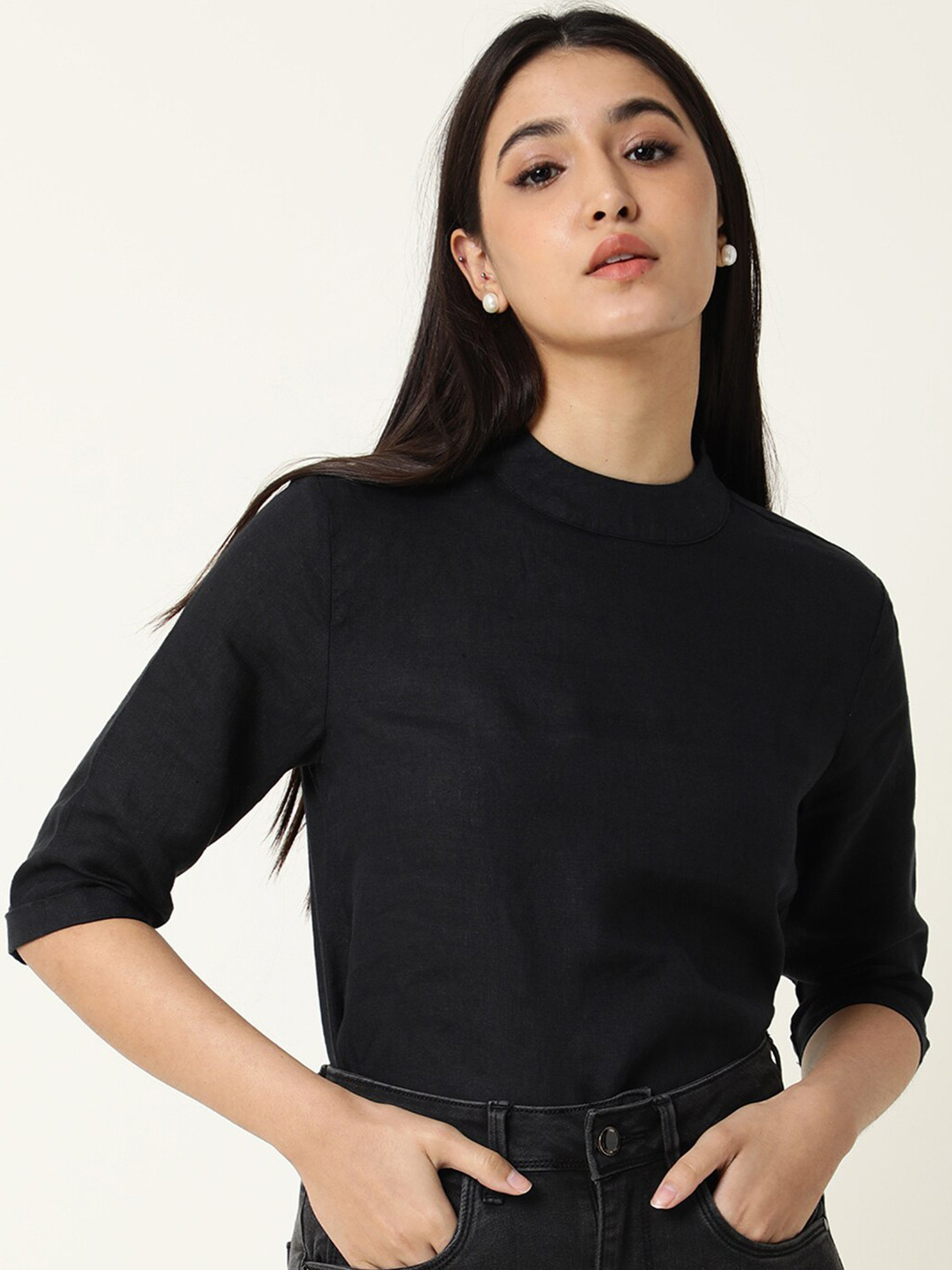 

RAREISM Women Black Linen Top