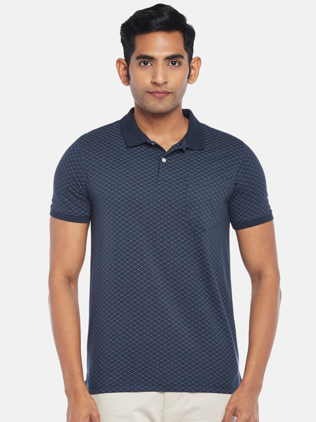 

BYFORD by Pantaloons Men Navy Blue Printed Polo Collar Slim Fit T-shirt