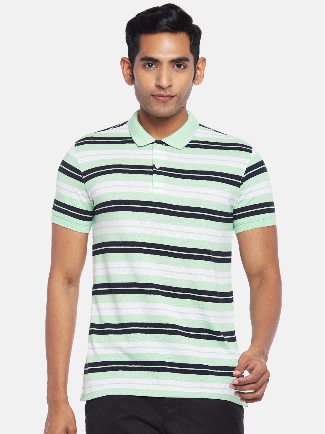 

BYFORD by Pantaloons Men Green & White Striped Polo Collar Slim Fit T-shirt