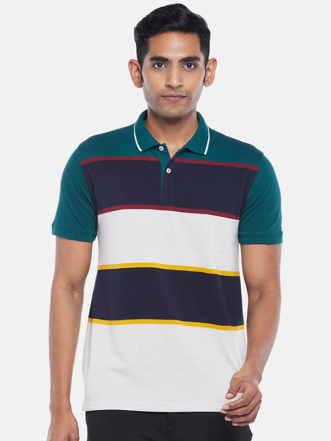 

BYFORD by Pantaloons Men White & Navy Blue Striped Polo Collar Slim Fit T-shirt