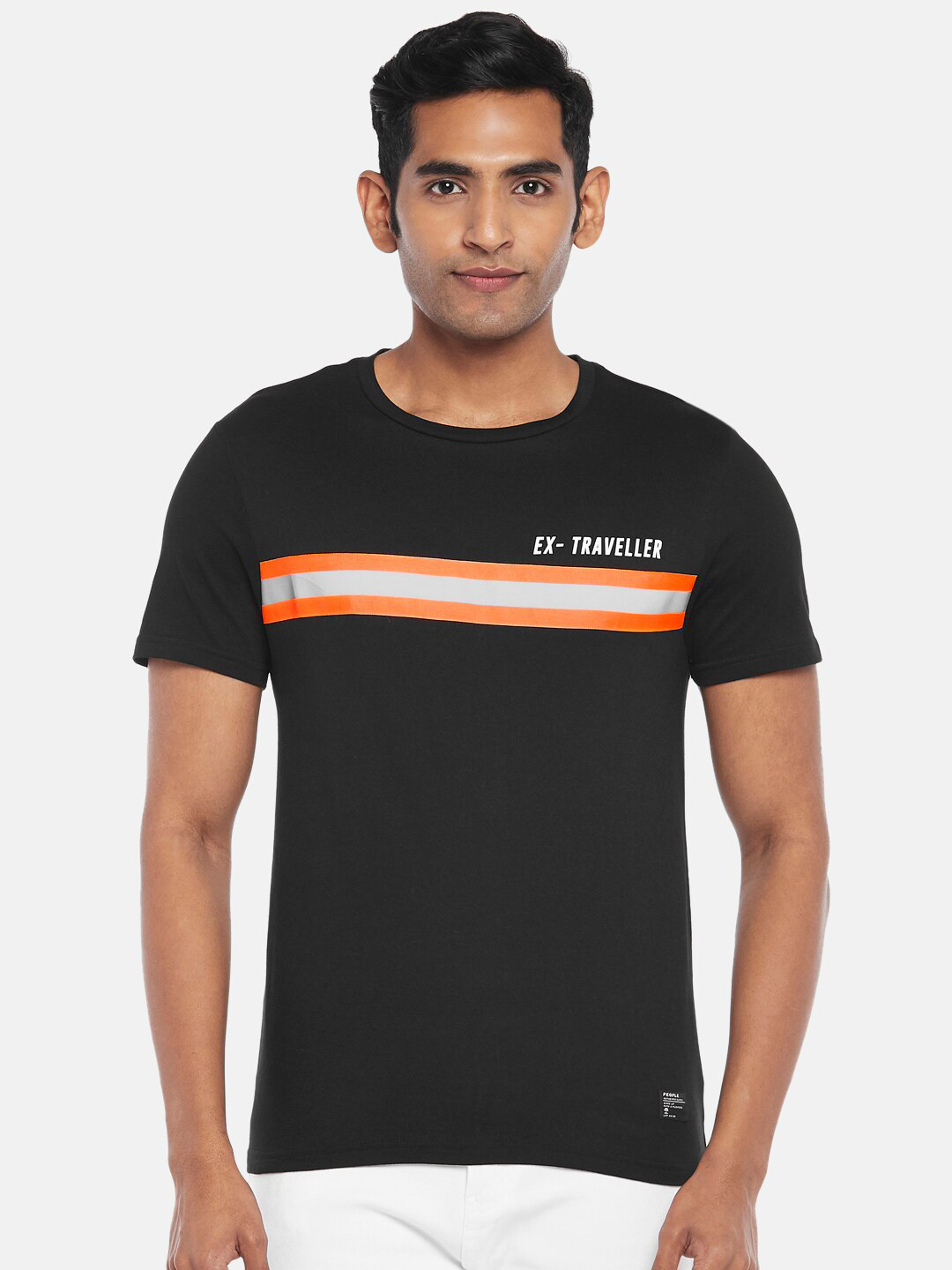 

People Men Black & Orange Striped Applique Slim Fit T-shirt