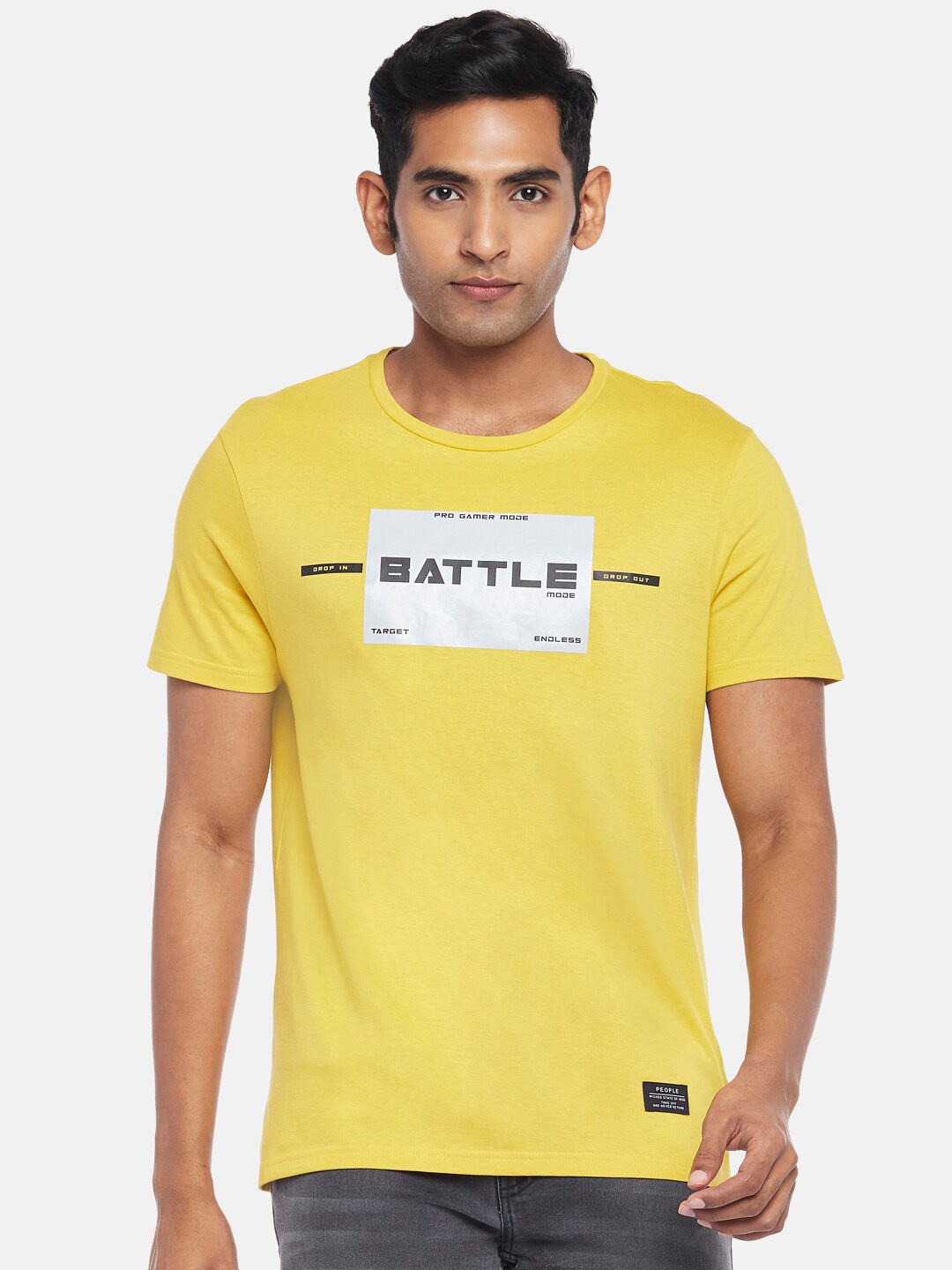

People Men Yellow Typography Printed Slim Fit T-shirt