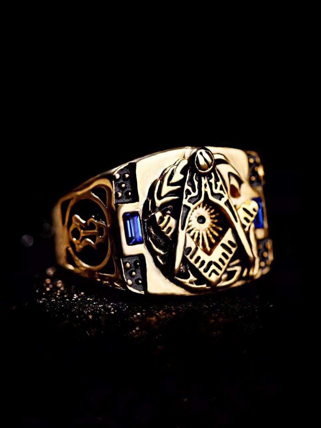

Yellow Chimes Men Gold-Plated & Blue Antique AG Masonic Logo Finger Ring