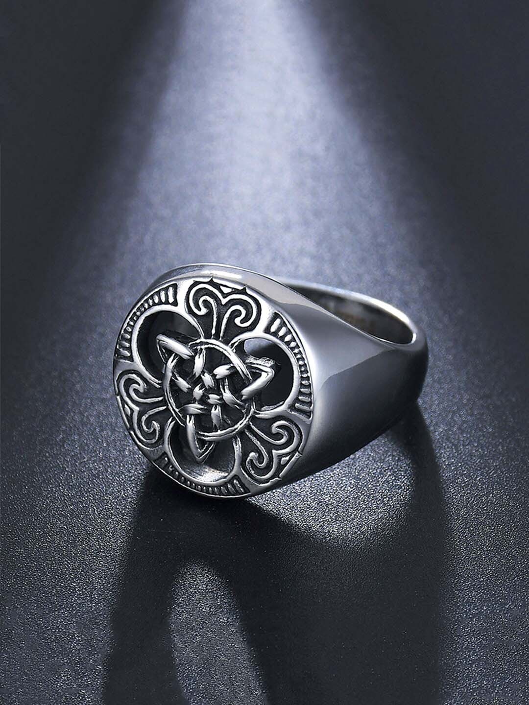 

Yellow Chimes Men Silver Oxidized Black Silver Plated Stainless Steel Finger Ring