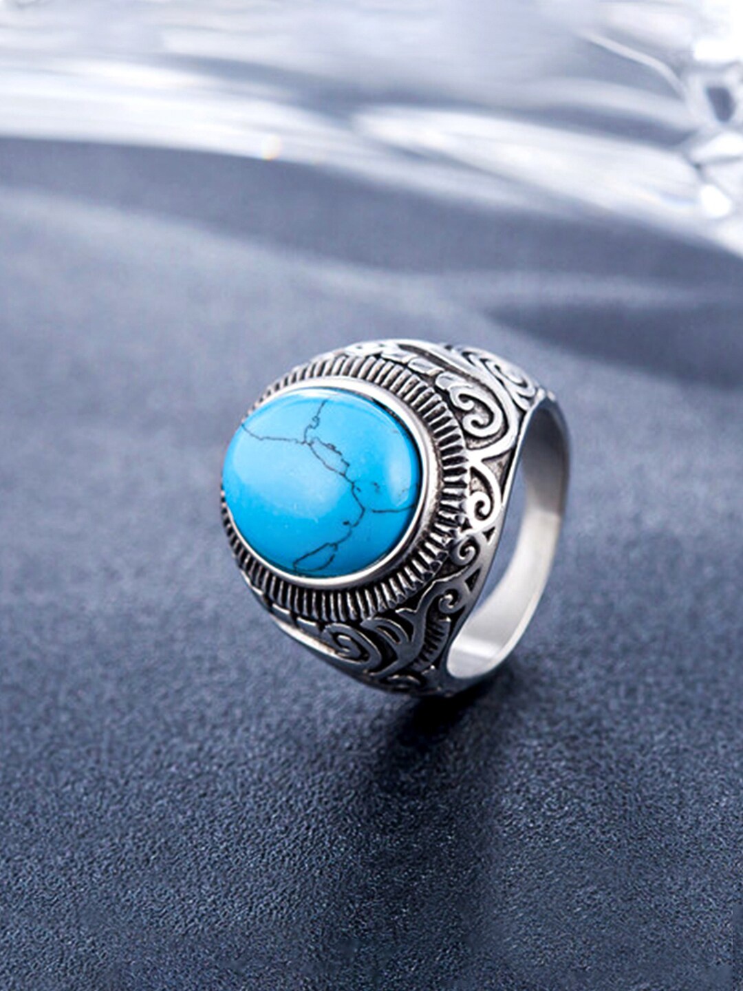 

Yellow Chimes Men Silver-Plated Blue Stone Stainless Steel Studded Oxidized Ring