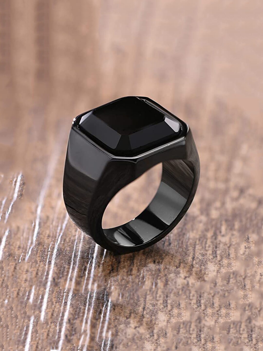 

Yellow Chimes Men Black Stainless Steel Square Stone Finger Ring